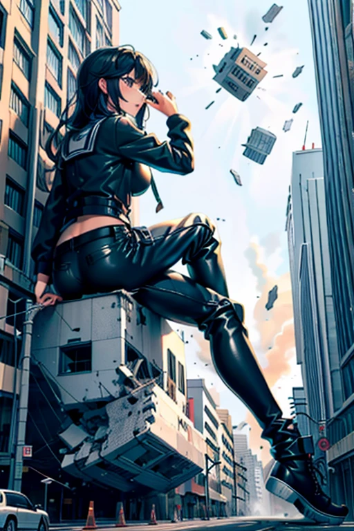 Building, giantess art, a hyperrealistic , highly detailed giantess shot, der riese, blackhair, giantess wearing black latex pants, (her butt facing screen and sitting on a building),Super huge high school girl bigger than a skyscraper, huge tit, very small building, Trying to crush a building, Full body depiction, gts, giga giantess, giantess, sitting on building, crash building,