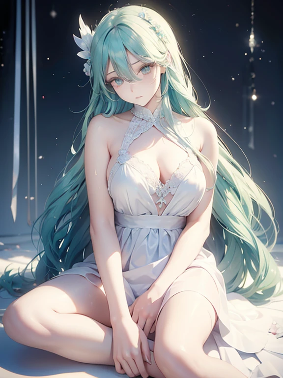 woman with long turquoise hair, a solemn expression, white dress, hurt