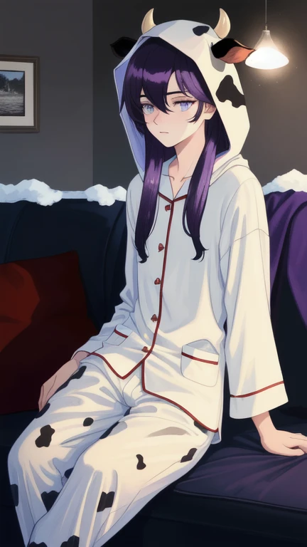 Best quality, super detailed illustration, warm colors, Ideal lighting, Perfect detail, boy, Femboy, dressed in snow-white pajamas with black spots with a hood in the shape of a cow, long purple hair, bright eyes, Whole body, sitting in a cozy home on the sofa