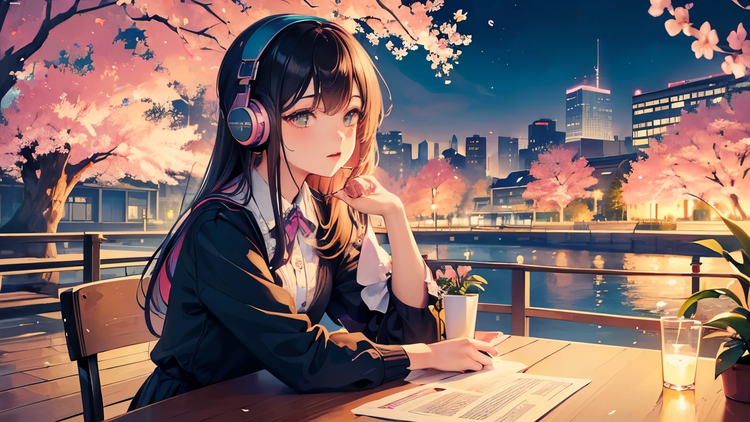 (a girl sitting in a garden),(illustration),(fine details, intricate patterns, vibrant colors),(best quality, ultra-detailed, photorealistic),(lo-fi, vintage),(soft, muted tones),(natural lighting),(Tokyo skyline and cherry blossoms merging into a night sky),(foreground: a turntable and a cafe table),(foreground details: a coffee cup and headphones),(banner with the channel name "Lo-Fi J Stream" in a modern font),(2048 x 1152 pixels or higher, file size below 6MB)