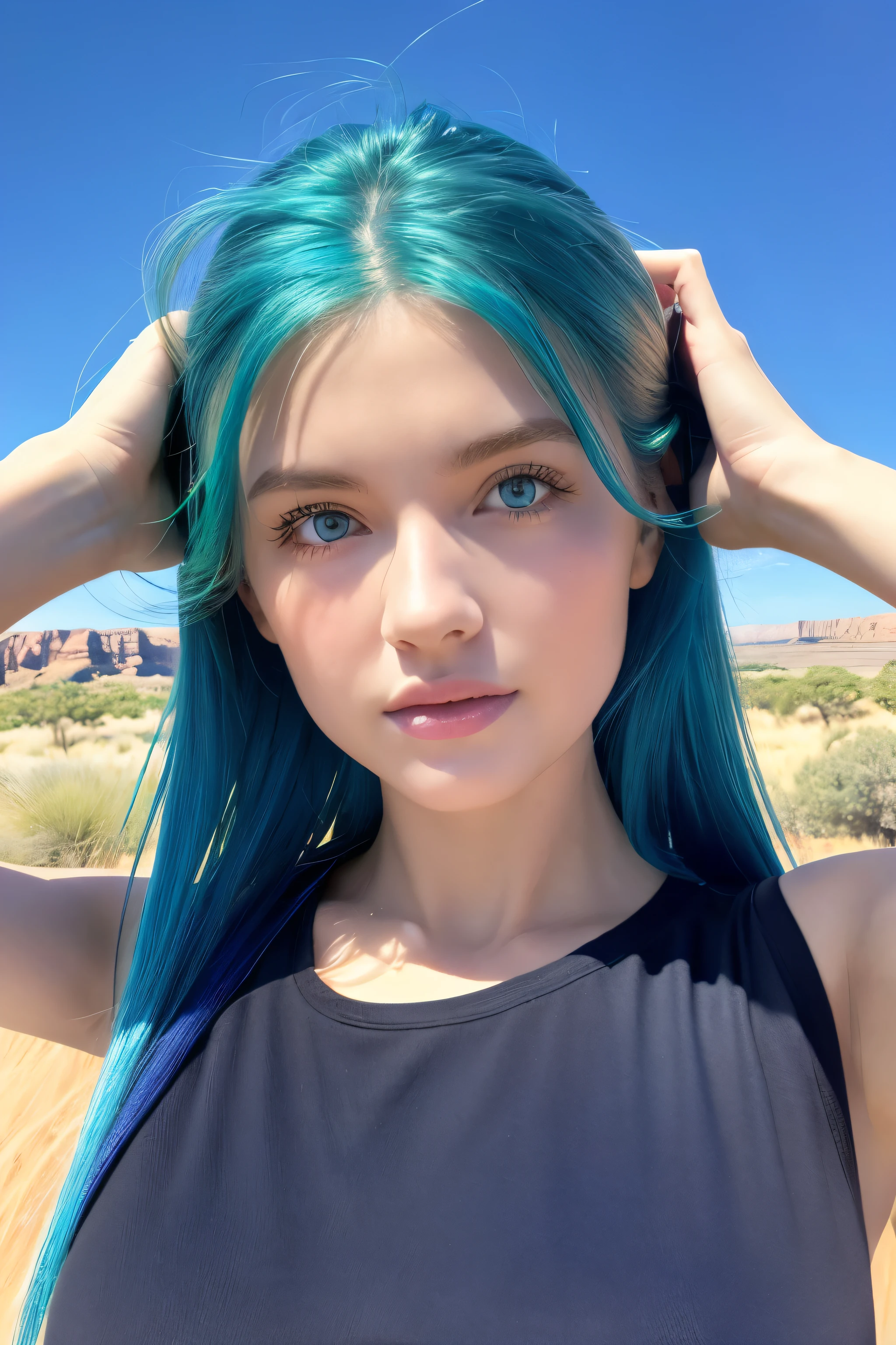 8k, highest quality, masterpiece:1.2),(highest quality:1.0),Very beautiful French girl、Blue T-shirt、Black Pants、Green Eyes、Silver Hair、blue sky、Uluru、whole body