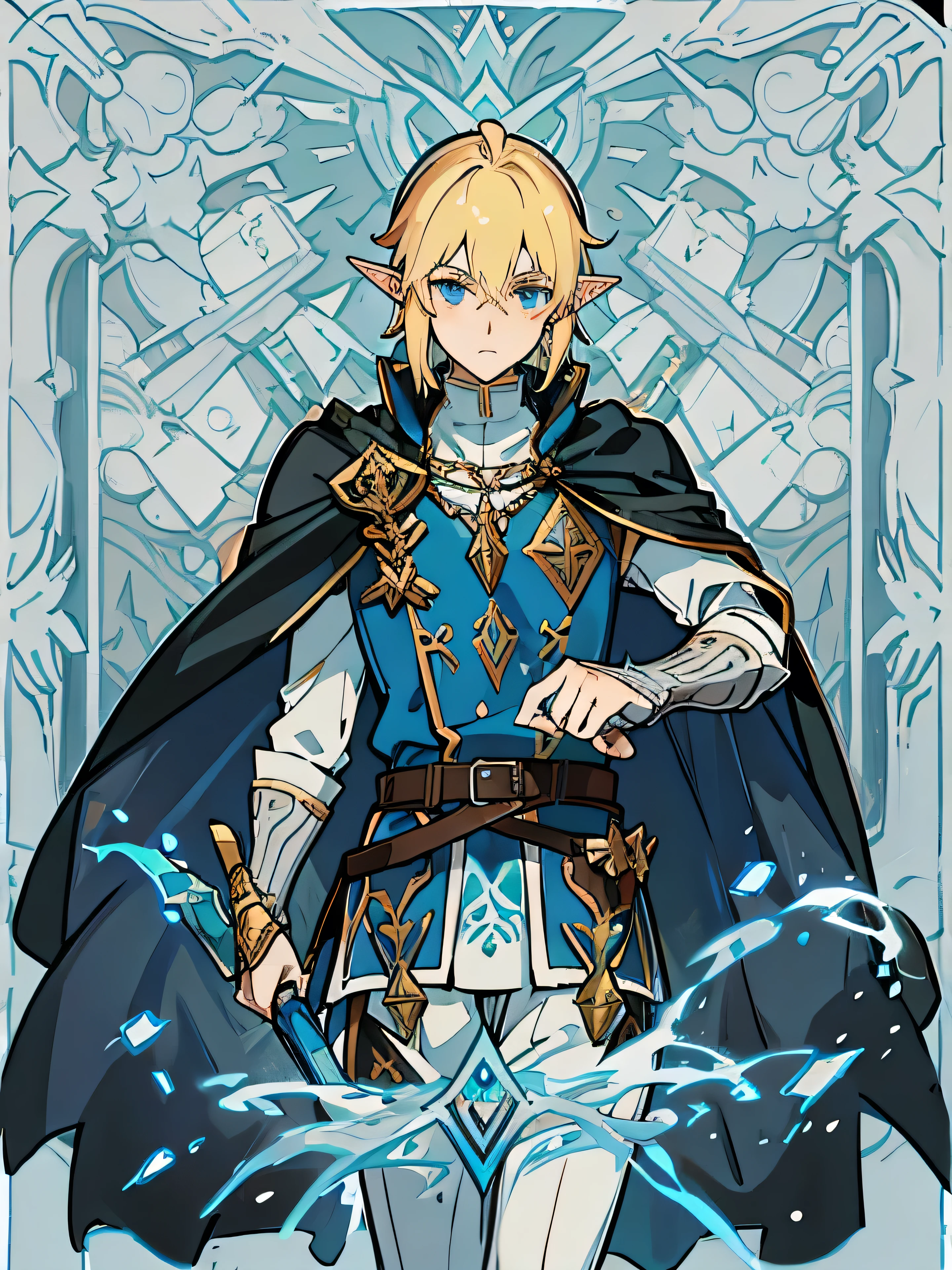 Blond elf boy in blue combat uniform,Breath of the Wild Link,A dark grey cape
