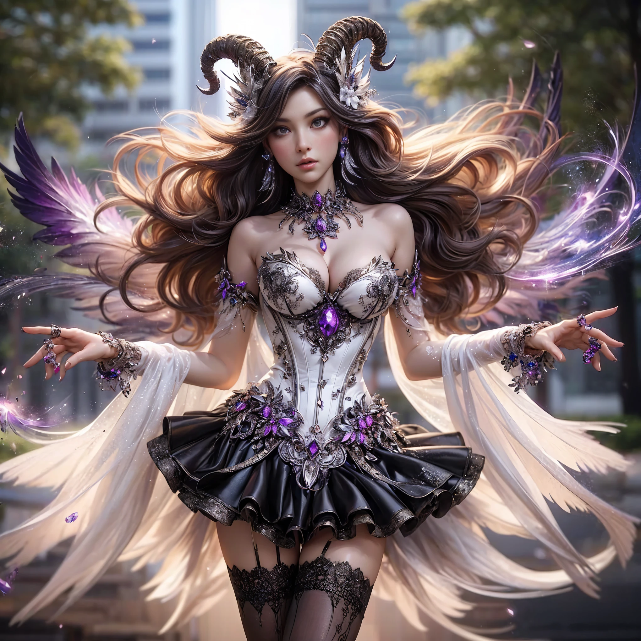 An asian woman with loose hair, standing on the stairs in the middle of a magical atmosphere, with a predominantly blue and red costume, a strapless corset-style dress decorated with bright purple jewels, a short tutu skirt, black thigh-high stockings with lace tops and ornaments purple jewels, white high heels with gold decoration, grand staircase background under mysterious sky full of stars and celestial bodies, crystal detailed, hyper realistic, hyperdetailTransparent clothing, Detailed gemstones, masterpiece, best quality:1.2),,(8k,highres,RAW photo,realistic,photo-realistic:1.3),(detailed skin texture,detailed cloth texture, beautiful detailed face:1.25),professional lighting,photon mapping,beautiful soft light,radiosity,physically-based rendering,raytracing, model shoot style, model shoot style, (extremely detailed CG unity 8k wallpaper), full shot body photo of the most beautiful artwork in the world (NSFW), (), (NakeNipple) ( (exposedy)
