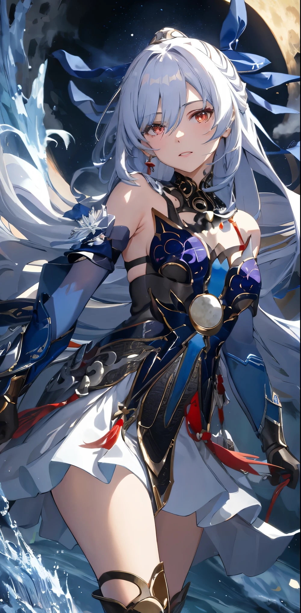 masterpiece, highest quality, JingliuV5, 1 girl, alone, Looking at the audience, Red eyes, gloves, dress, Holding, Exposing shoulders, Mouth closed, arms, boots, null, black gloves, sword, Holding arms, night, Holding sword, moon, night null, full moon,