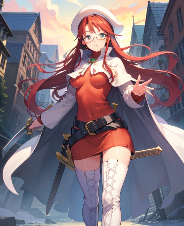 summonnightThere, There, Long Hair, blue eye, Redhead, beret, Have, Glasses,
break Long Hair, Knee socks, Have, dress, boots, Glasses, belt, Cape, sweater, zettai ryouiki, beret, thigh boots, White footwear, ribbed sweater, loose belt,alone,
break outdoors, Fantasy_town,
break (masterpiece:1.2), highest quality, High resolution, unity 8k wallpaper, (figure:0.8), (beautiful detailed eye:1.6), Highly detailed face, perfect Lighting, Highly detailed CG, (Perfect hands, Perfect Anatomy),(Covered_Nipples:1.3),Covered_belly button,Light_smile,dynamic_Pause ,walking,(half_eye:1.2),Light_Open_mouth,sword,Underarm