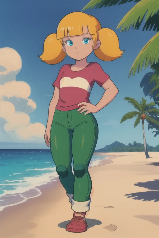 masterpiece, best quality, 1girl, penny, blonde hair, twintails, blunt bangs, blue eyes, red shirt, (white reinforced knee green pants),  looking at viewer, standing, full body, sea, sand, tropical island background ass