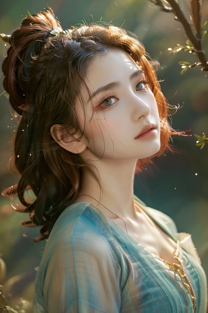 ( masterpiece, top quality, best quality,8k,17 years old girl,ultra detailed,raw photo:1.5),(photorealistic:1.4),(cinematic lighting), PerfectNwsjMajic, , Surrealism, UHD, ccurate, Super detail, textured skin, High detail, Best quality, dynamic angle, (high nose,White skin),[Beautiful blue eyes],(1girl),(good anatomy:0.5)), dunhuang_style, Dreamy atmosphere,expressive brush strokes, mystical ambiance, Artistic interpretation, a whimsical illustration, Subtle colors and tones, straight face, river, (loose hair)