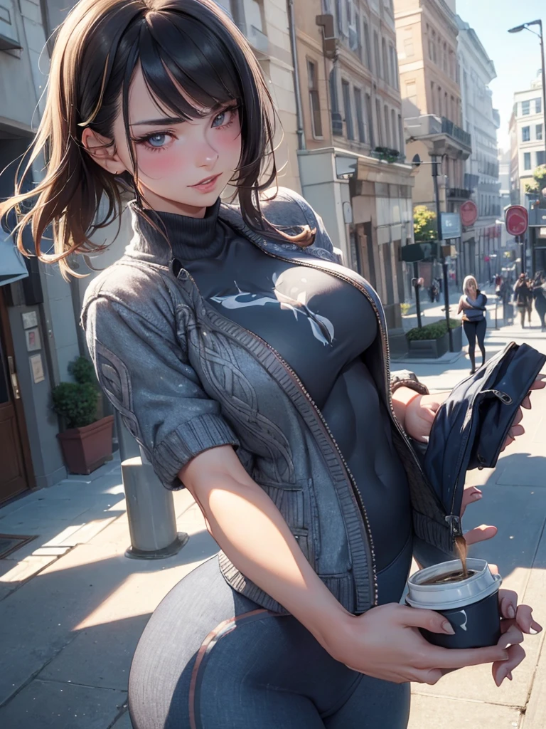 (masterpiece, best quality:1.4), (modern days), (cowboy shot), 1girl, solo, pov, sfw, stunning girlfriend, (standing:1.1), dynamic pose, (white oversized sweater, knit sweater:1.4), (Tight yoga pants, dark gray yoga pants: 1.4), (navy short jacket, spider clothes, denim jacket: 1.4), long blonde hair, bangs, heart-shaped face, elegant face, beautiful face, high detail face, high detail skin, skin pores, subsurface scattering, (blue eye details), realistic pupils, plump breasts, loving smile, looking at the audience, full blush, plump lips, holding a coffee cup, centered, coffee shop in background, city street, sunny day, wind, detailed background, depth of field, atmospheric perspective, volumetric lighting, clear focus, absurd, realistic proportions, good anatomy, (realistic, hyper-realistic:1.4), 16k HDR,