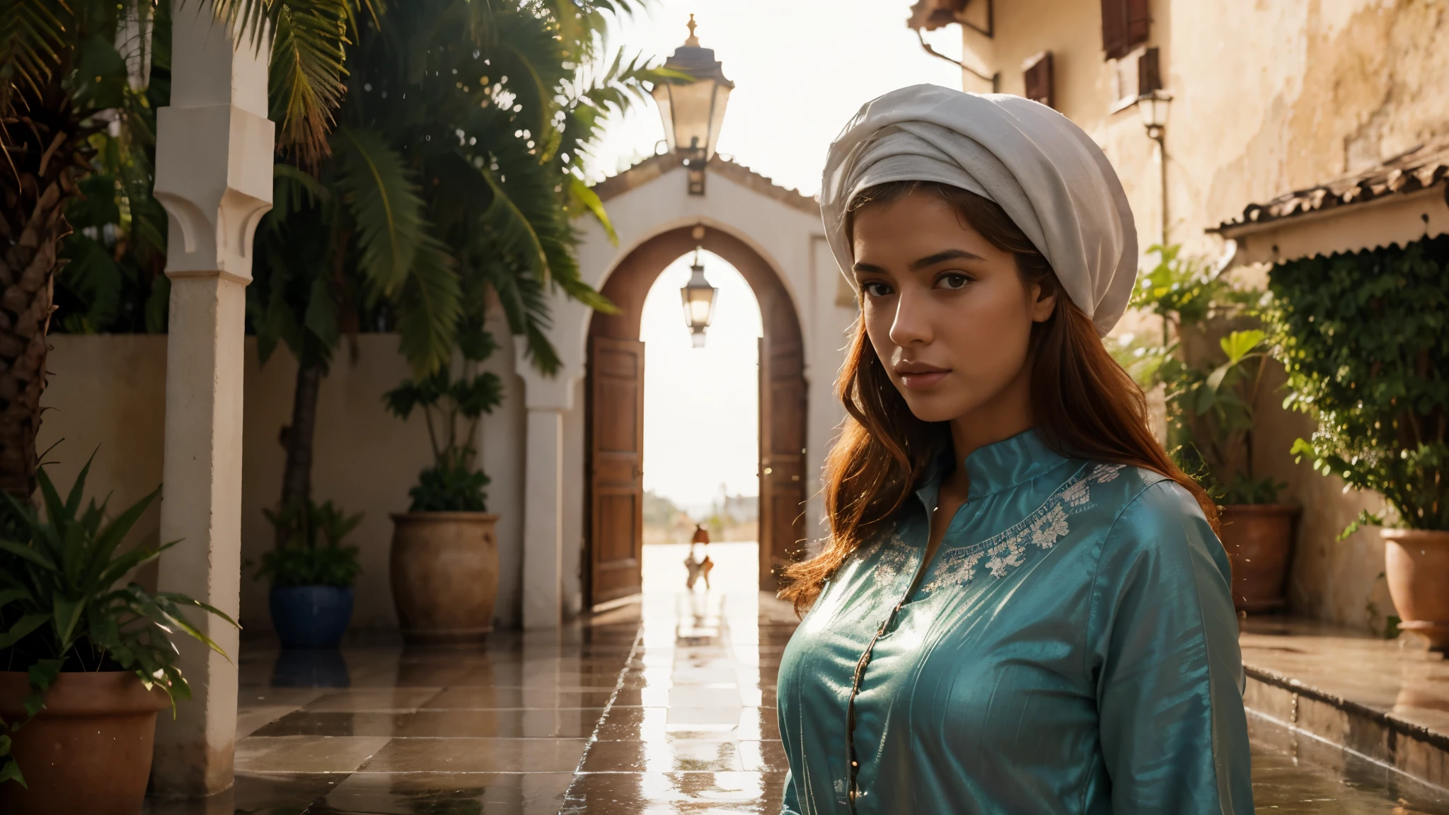 rainy weather, 8k, la plus haute qualité, ultra details, , une seule femme jeune marocaine, Realistic, les temps modernes, tenue semi traditionelle semi moderne marocaine, ginger hair, outdoor lighting, cadre medina de marrakech, outdoor, solar flare, heavy rain