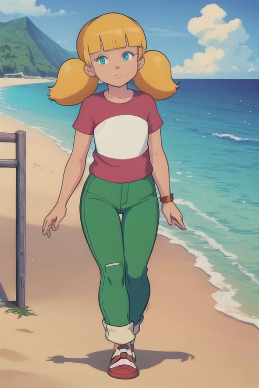 masterpiece, best quality, 1girl, penny, blonde hair, twintails, blunt bangs, blue eyes, red shirt, (white reinforced knee green pants),  looking at viewer, standing, full body, sea, sand, tropical island background, spread legs,