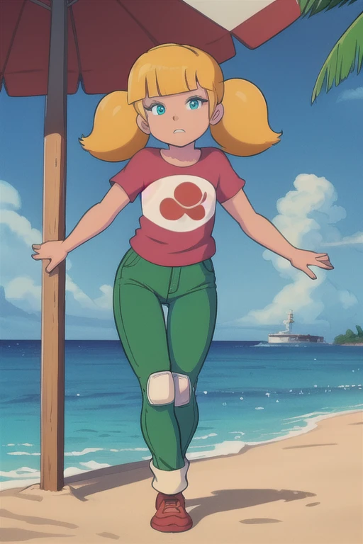 masterpiece, best quality, 1girl, penny, blonde hair, twintails, blunt bangs, blue eyes, red shirt, (white reinforced knee green pants),  looking at viewer, standing, full body, sea, sand, tropical island background, spread legs,