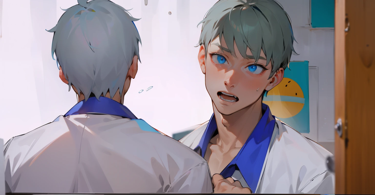 blue eyes he hits another boy's shoulder his shoulder hurts two young 19 year old men with gray hair trip when they walk
