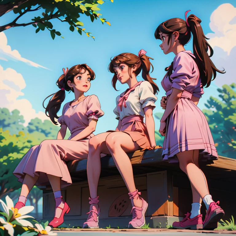 On a sunny day there are 3 other girls gossiping about A beautiful girl with mid length brown hair in a half ponytail and she has a side bangs while She is wearing a beautiful pink dress and a very cute shoes with ribbon and she was sitting in the park 