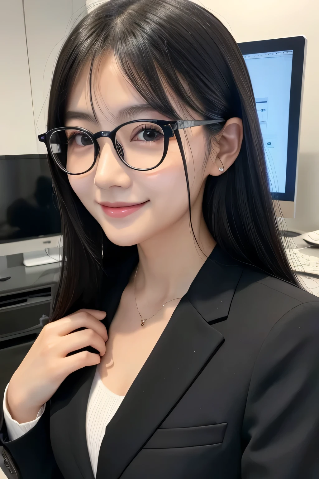 smile、Glasses、Beauty、computer,Japanese、Black Hair,suit、gorgeous,one&#39;s home