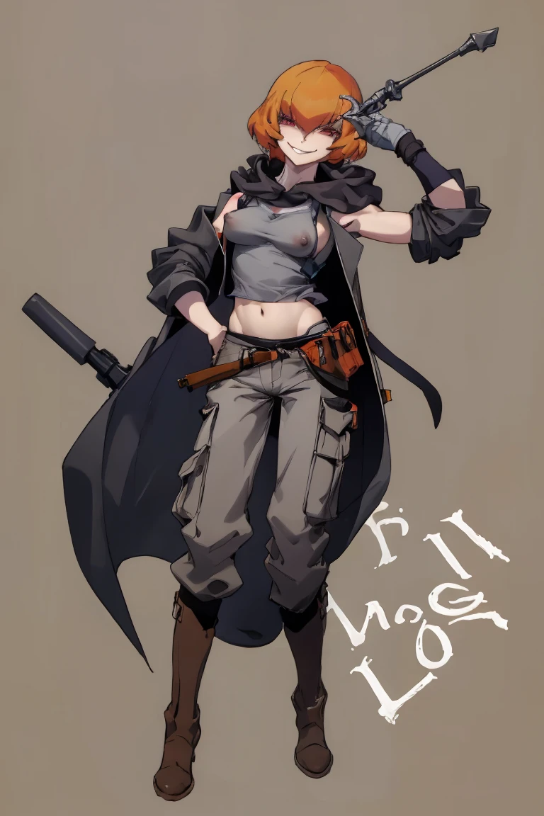 ((highest quality)), ((masterpiece)), (be familiar with),Clementine,Overload,{{nsfw}},Sleeveless hoodie,Grey Shirt,cargo pants,Bewitching Smile,whole body,boots,Long coat,Erect nipples
