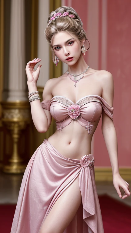 woman, Severe, elegant, Pink Dress, Aristocratic, silver element, Long nails, Exposing shoulders, Hairstyle, Put your hair up, Braids and ponytails, Messy, arrogant, Absurd, Detailed dress, Royalty, celebration, Hall decorated with flowers, Cowboy Shot, Portraiture, (highest quality), (masterpiece), (Very detailed), (4K),necklace、Big swaying earrings,Navel-baring look,