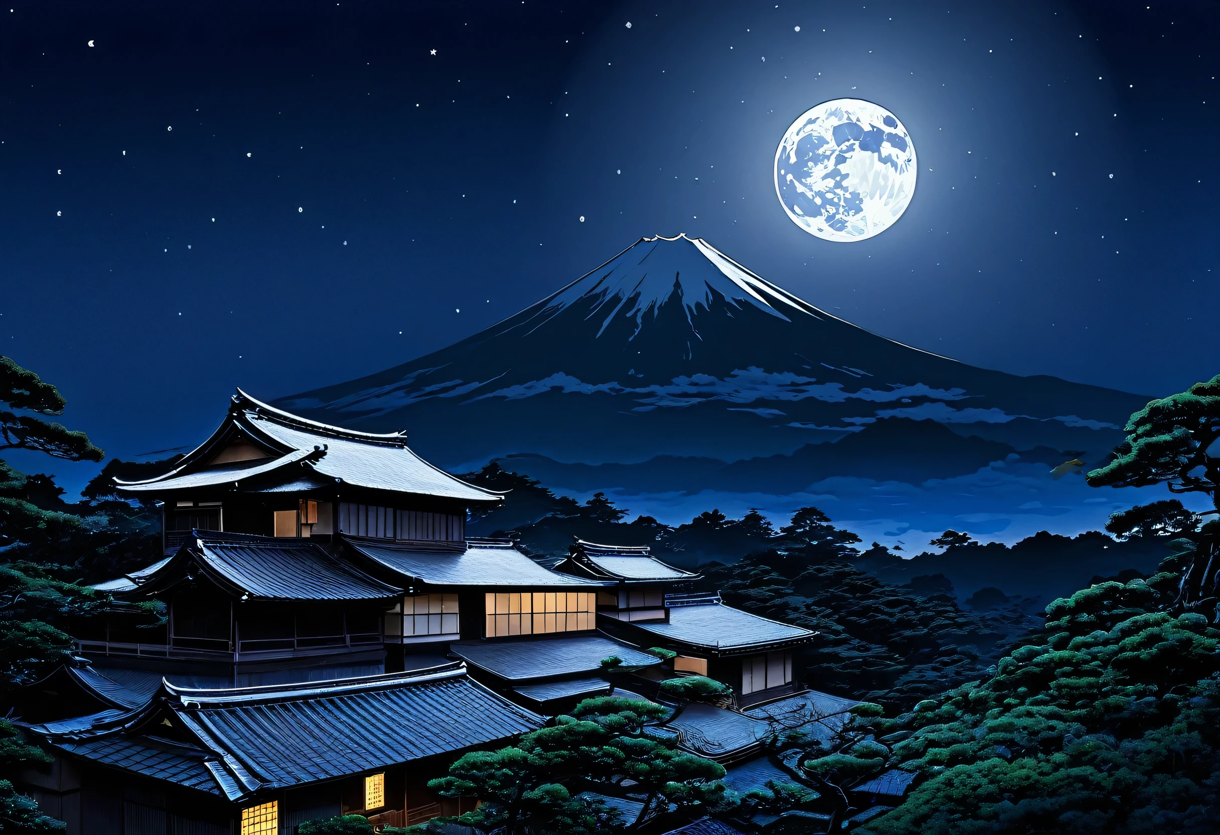 Painting of a Japanese house in the moonlight with a full moon, Digital painting inspired by Rensui Kawase, Trending on CGSociety, ukiyo-e, The art of Japan style, The art of Japan, The art of Japan art, traditional The art of Japan, old The art of Japan, Landscape painting, Japan at Night, Traditional Japanese painting, Awesome Wallpapers, Night view, Japanese painting
