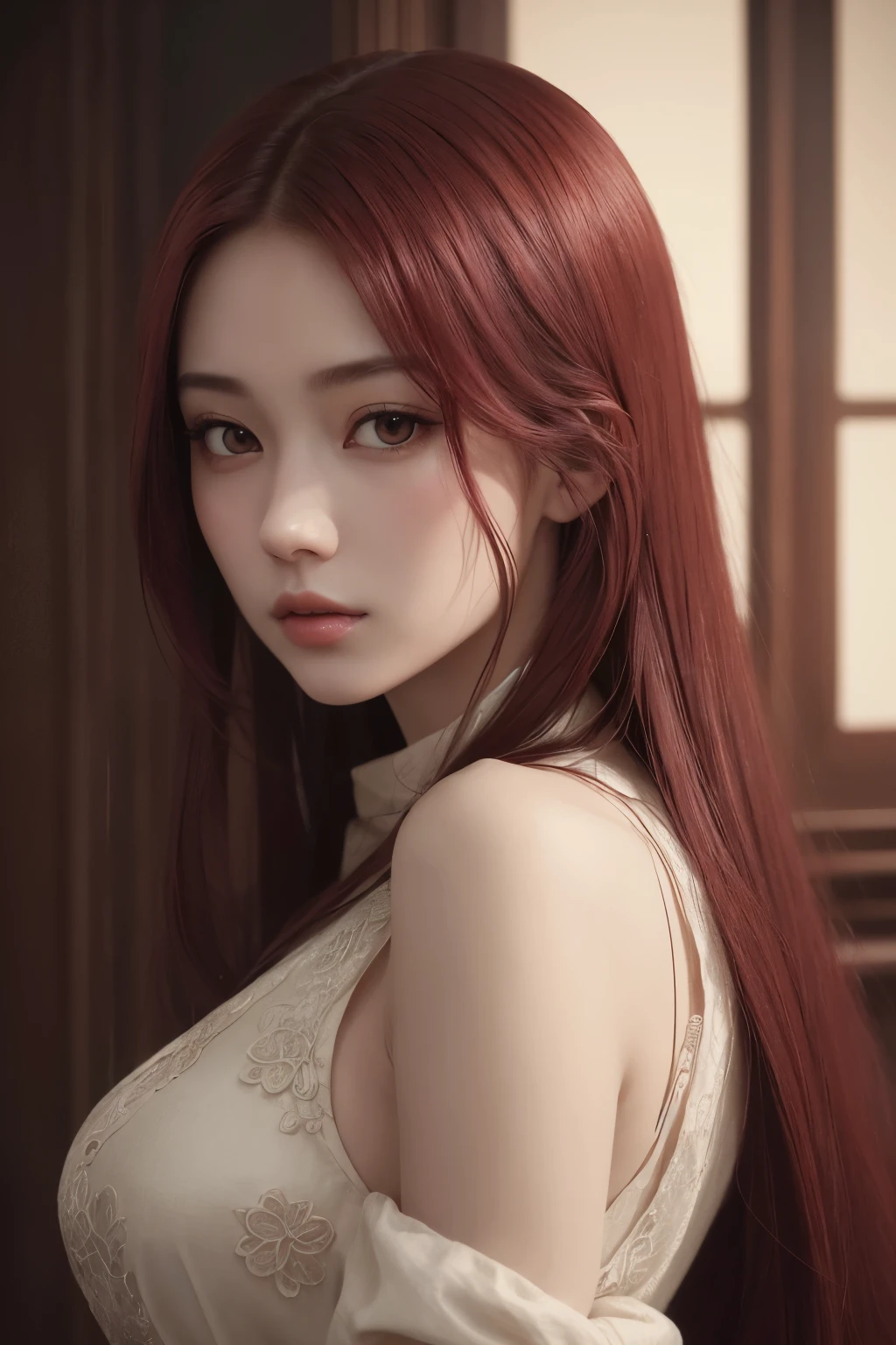 A close-up of a woman with medium red hair, wearing a maroon blouse in a soft portrait shot, offers an extremely beautiful and realistic representation in this 8k image. Reminiscent of a masterpiece by the renowned artist Zhang Han, this photorealistic painting on Tumblr showcases an elegant and delicate face, with beautiful aesthetic features that radiate tranquility and grace. Guweiz's artistic touch accentuates the intricate details in her realistic and lifelike eyes, adding depth and soul to this captivating piece. A cute, natural anime face emerges, merging the worlds of realism and animation, revealing a truly beautiful and realistic representation of her expressive