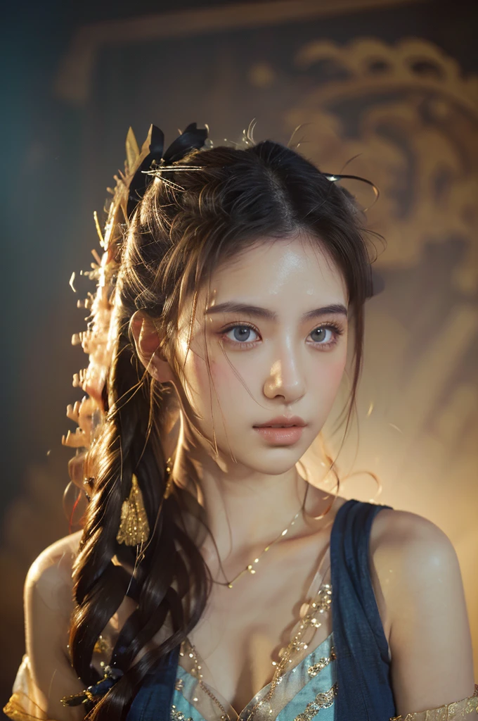 ( masterpiece, top quality, best quality,8k, girl,ultra detailed,raw photo:1.5),(photorealistic:1.4),(cinematic lighting), PerfectNwsjMajic, , Surrealism, UHD, ccurate, Super detail, textured skin, High detail, Best quality, dynamic angle, (high nose,White skin),[Beautiful blue eyes],(1girl),(good anatomy:0.5)), dunhuang_style, Dreamy atmosphere,expressive brush strokes, mystical ambiance, Artistic interpretation, a whimsical illustration, Subtle colors and tones, straight face, river, (loose hair)