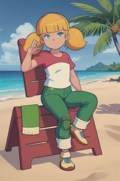 masterpiece, best quality, 1girl, penny, blonde hair, twintails, blunt bangs, blue eyes, red shirt, (white reinforced knee green pants),  looking at viewer, standing, full body, sea, sand, tropical island background, spread legs, sitting on beach 