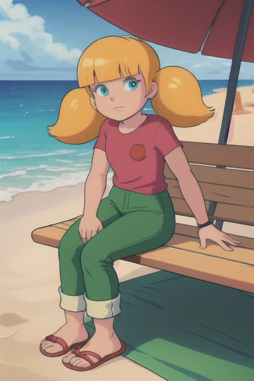 masterpiece, best quality, 1girl, penny, blonde hair, twintails, blunt bangs, blue eyes, red shirt, (white reinforced knee green pants),  looking at viewer, standing, full body, sea, sand, tropical island background, spread legs, sitting on beach 