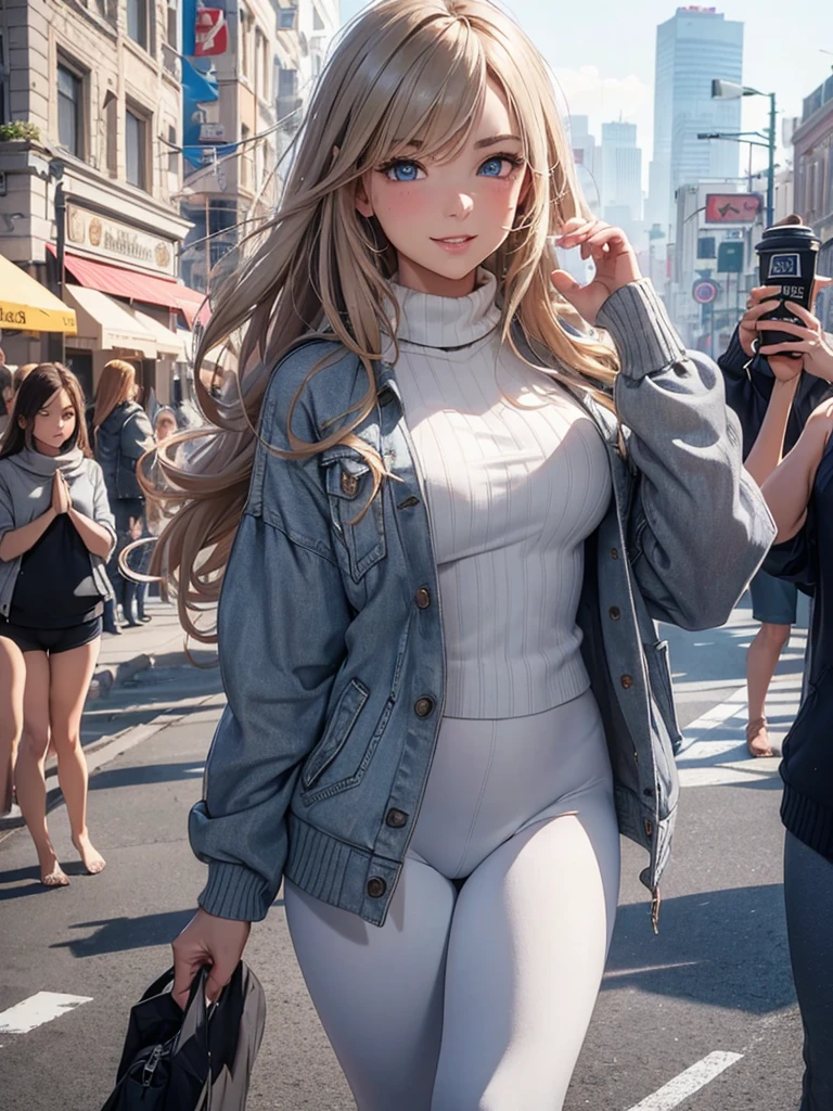 (masterpiece, best quality:1.4), (modern days), (cowboy shot), 1girl, solo, pov, sfw, stunning girlfriend, (standing:1.1), dynamic pose, (white oversized sweater, knit sweater:1.4), (Tight yoga pants, dark gray yoga pants: 1.4), (navy short jacket, spider clothes, denim jacket: 1.4), long blonde hair, bangs, heart-shaped face, elegant face, beautiful face, high detail face, high detail skin, skin pores, subsurface scattering, (blue eye details), realistic pupils, plump breasts, loving smile, looking at the audience, full blush, plump lips, holding a coffee cup, centered, coffee shop in background, city street, sunny day, wind, detailed background, depth of field, atmospheric perspective, volumetric lighting, clear focus, absurd, realistic proportions, good anatomy, (realistic, hyper-realistic:1.4), 16k HDR,