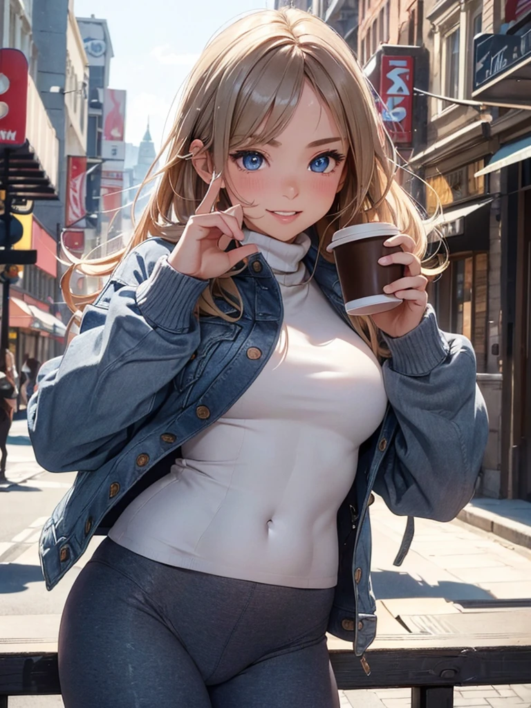 (masterpiece, best quality:1.4), (modern days), (cowboy shot), 1girl, solo, pov, sfw, stunning girlfriend, (standing:1.1), dynamic pose, (white oversized sweater, knit sweater:1.4), (Tight yoga pants, dark gray yoga pants: 1.4), (navy short jacket, spider clothes, denim jacket: 1.4), long blonde hair, bangs, heart-shaped face, elegant face, beautiful face, high detail face, high detail skin, skin pores, subsurface scattering, (blue eye details), realistic pupils, plump breasts, loving smile, looking at the audience, full blush, plump lips, holding a coffee cup, centered, coffee shop in background, city street, sunny day, wind, detailed background, depth of field, atmospheric perspective, volumetric lighting, clear focus, absurd, realistic proportions, good anatomy, (realistic, hyper-realistic:1.4), 16k HDR,