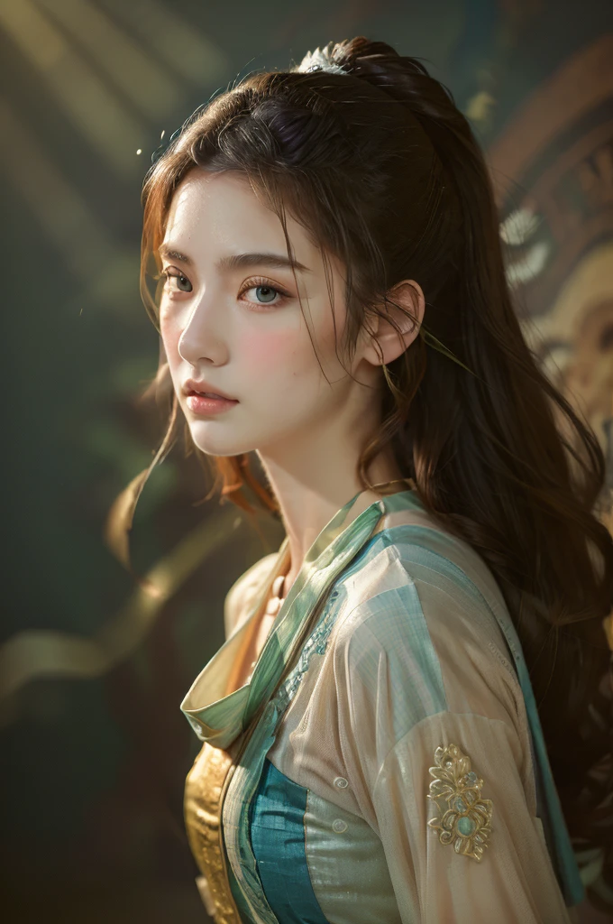 ( masterpiece, top quality, best quality,8k,17 years old girl,ultra detailed,raw photo:1.5),(photorealistic:1.4),(cinematic lighting), PerfectNwsjMajic, , Surrealism, UHD, ccurate, Super detail, textured skin, High detail, Best quality, dynamic angle, (high nose,White skin),[Beautiful blue eyes],(1girl),(good anatomy:0.5)), dunhuang_style, Dreamy atmosphere,expressive brush strokes, mystical ambiance, Artistic interpretation, a whimsical illustration, Subtle colors and tones, straight face, Palace ,(loose hair)
