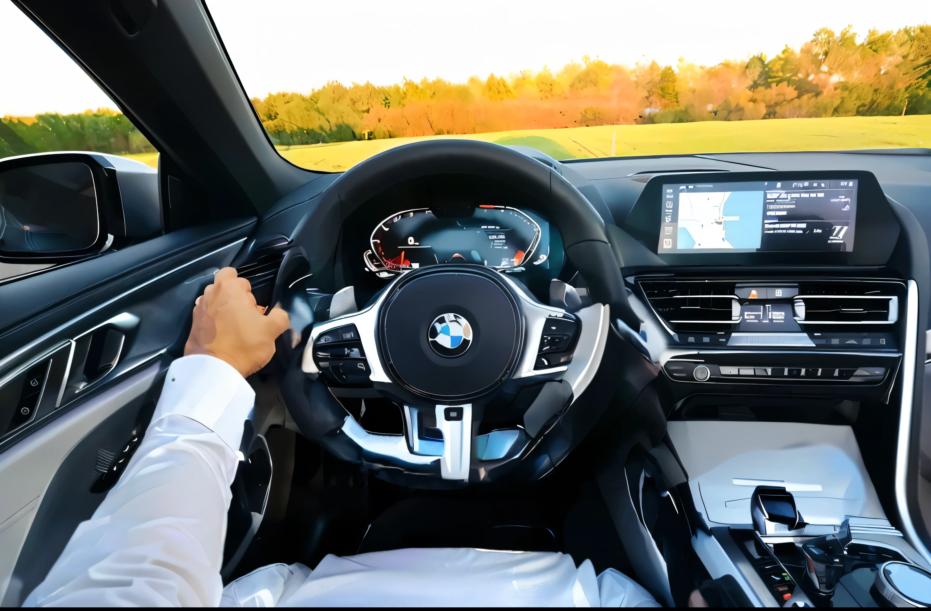 (scene description: A man wearing a white shirt and black suit pants.Sitting in the driver&#39;s seat of your BMW in a supine position.)（（ The picture shows wearing a white shirt、POV of man in black suit pants。A man&#39;s hands。Hold the left side of the Direction plate with your left hand((Extremely detailed left hand detail))。Hold the gear lever head with your right hand((Extremely detailed right hand detail)).The scene continues to show the white shirt on the man&#39;s chest，The lower edge of the direction plate shows the black pants worn by the man&#39;s lower body.））araFed has a car view of the direction plate and dashboard, grand, Direction plate, High-end interior, F / 3, F / 4, F/4, BMW, No watermark, 單Direction plate, Shot with Sony Alpha 1 camera, F/3 2，Shot with Canon EOS R5，Shot with Canon EOS R 5