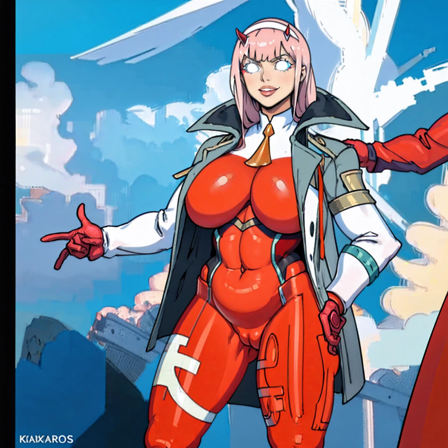 masterpiece, best quality, IncrsLowTier, electricity, glowing eyes zerotwo horns, hairband, necktie, red dress, pantyhose horns, hairband, red bodysuit, armlet, mecha horns, hairband, white bodysuit, white gloves, cap, red dress, white gloves, jacket on shoulders, pantyhose, cyber_armor body_suit,huge_breast, tall female, fulll body, sun light, smile,, sun aura,, boots, standing, smile, lips, red lips,,,{best quality}, {amazing quality} {best quality},{amazing quality},, {absurdres},{{highres}}, {very aesthetic}, {detailed}, curvy, tall, huge breast, character focus, white background,full-length portrait,, huge hips, huge muscles, huge thighs, curvaceous, venus figure,full body, full portrait