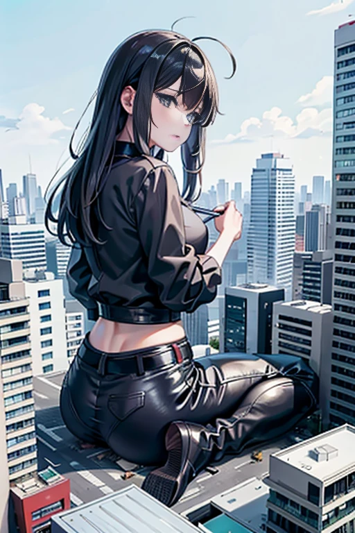 Building, giantess art, a hyperrealistic , highly detailed giantess shot, der riese, blackhair, giantess wearing black latex pants, (her butt facing screen and sitting on a building),Super huge high school girl bigger than a skyscraper, huge tit, very small building, Trying to crush a building, Full body depiction, gts, giga giantess, giantess, sitting on building, crash building,