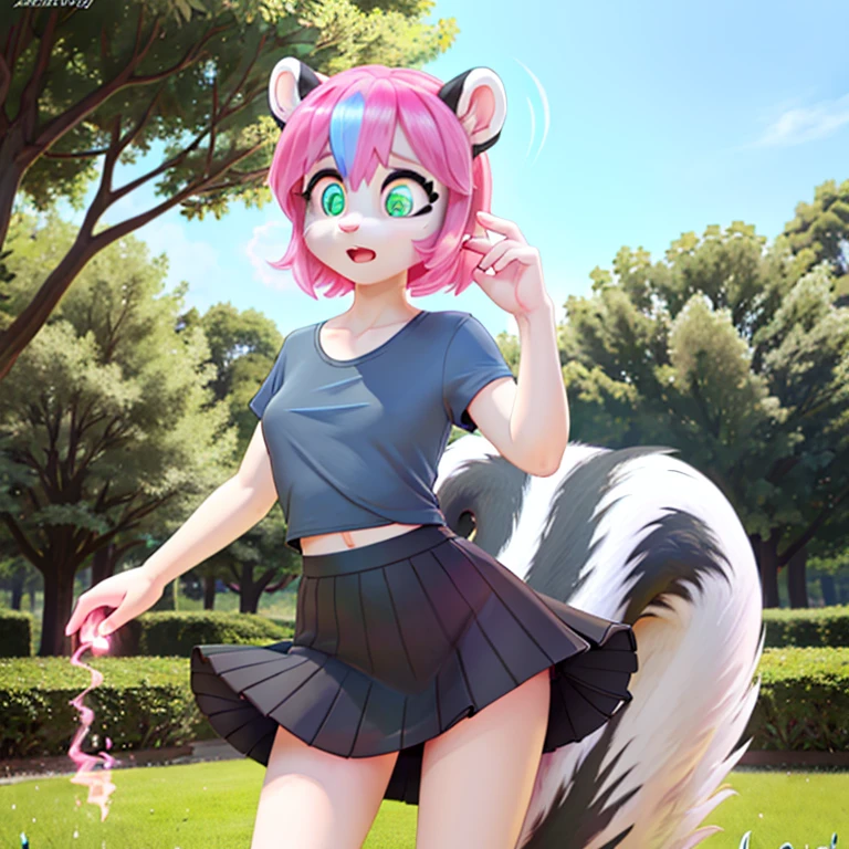 Shocked slim female skunk with long Pink hairs with Blue Highlights and glowing Green eyes wearing gray skirt and dark Blue top looking at herself there are some traces of Pink magic floating around her she is in the park