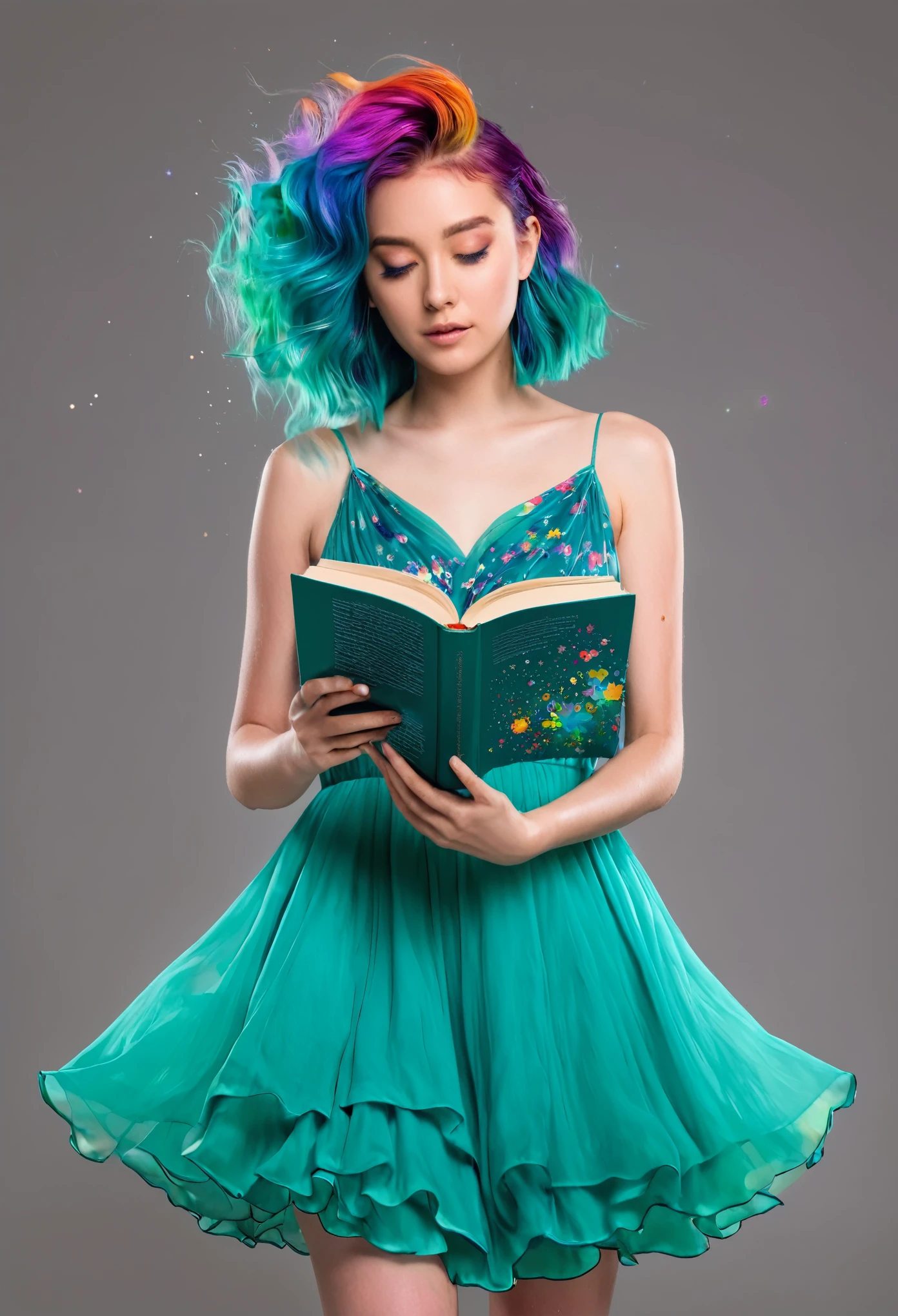 (best quality, masterpiece), 1girl, reading a book, particle, wind, flower, upper body, simple background,seductively looking at viewer, rainbow colored hair, teal short floating dress, cosmic, nebulas, galaxy