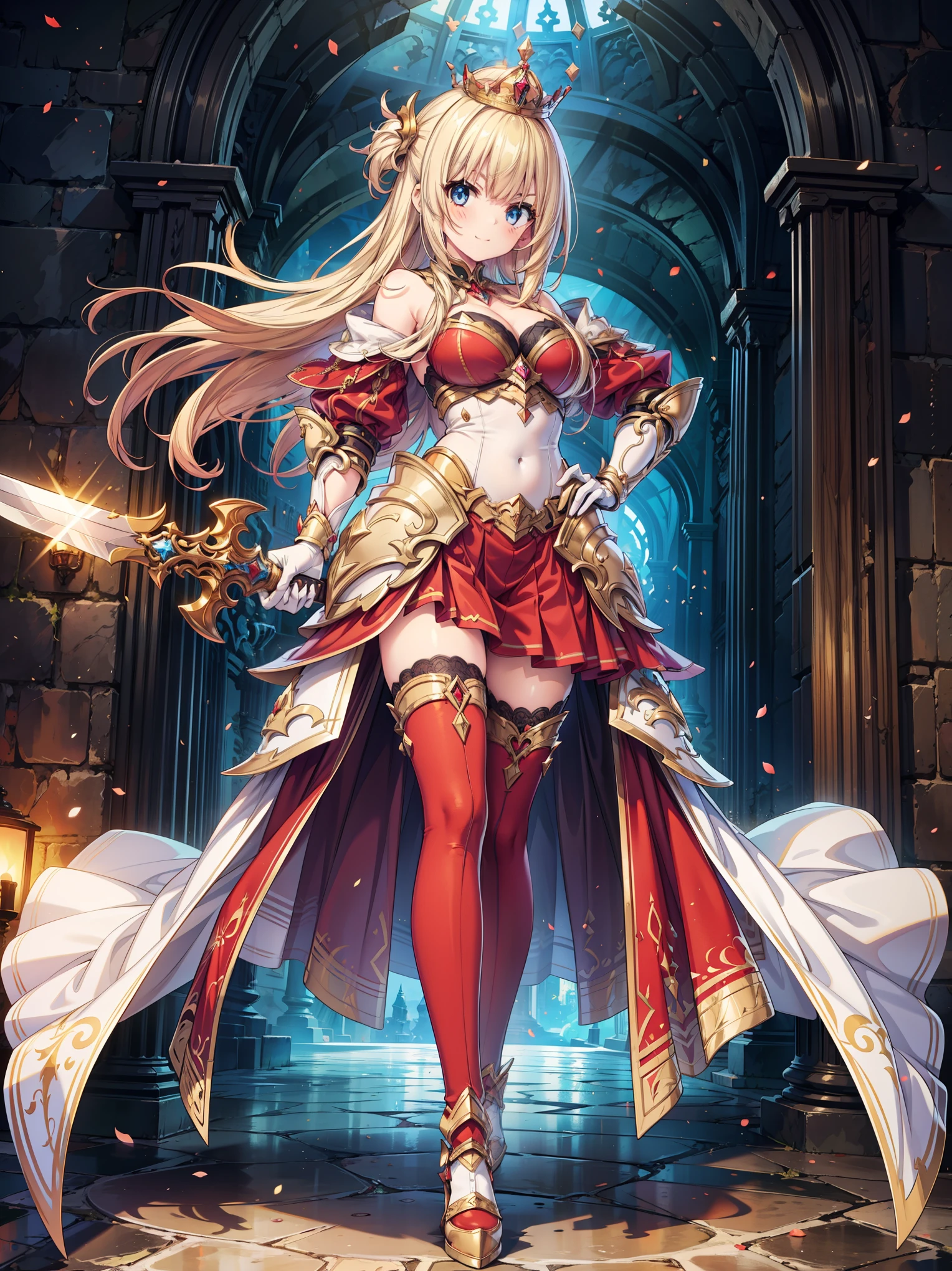masterpiece, best quality, high resolution, extremely detailed CG, absurdres, full body, 1girl, solo, a girl in armor and a crown holding a large sword, white armor, golden decoration, red_outfit, off-shoulder, thighhighs, long hair, blond hair, leg armor, cleavage, crown, gloves, armor, white gloves, high heels, off-shoulder armor, >:), Standing posing