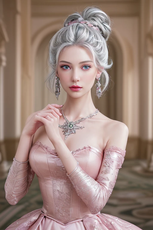 woman, Severe, elegant, Pink Dress, Aristocratic, silver element, Long nails, Exposing shoulders, Hairstyle, Put your hair up, Braids and ponytails, Messy, arrogant, Absurd, Detailed dress, Royalty, celebration, Hall decorated with flowers, Cowboy Shot, Portraiture, (highest quality), (masterpiece), (Very detailed), (4K),necklace、Big swaying earrings,Navel-baring look,Silver Hair、Green Eyes、
