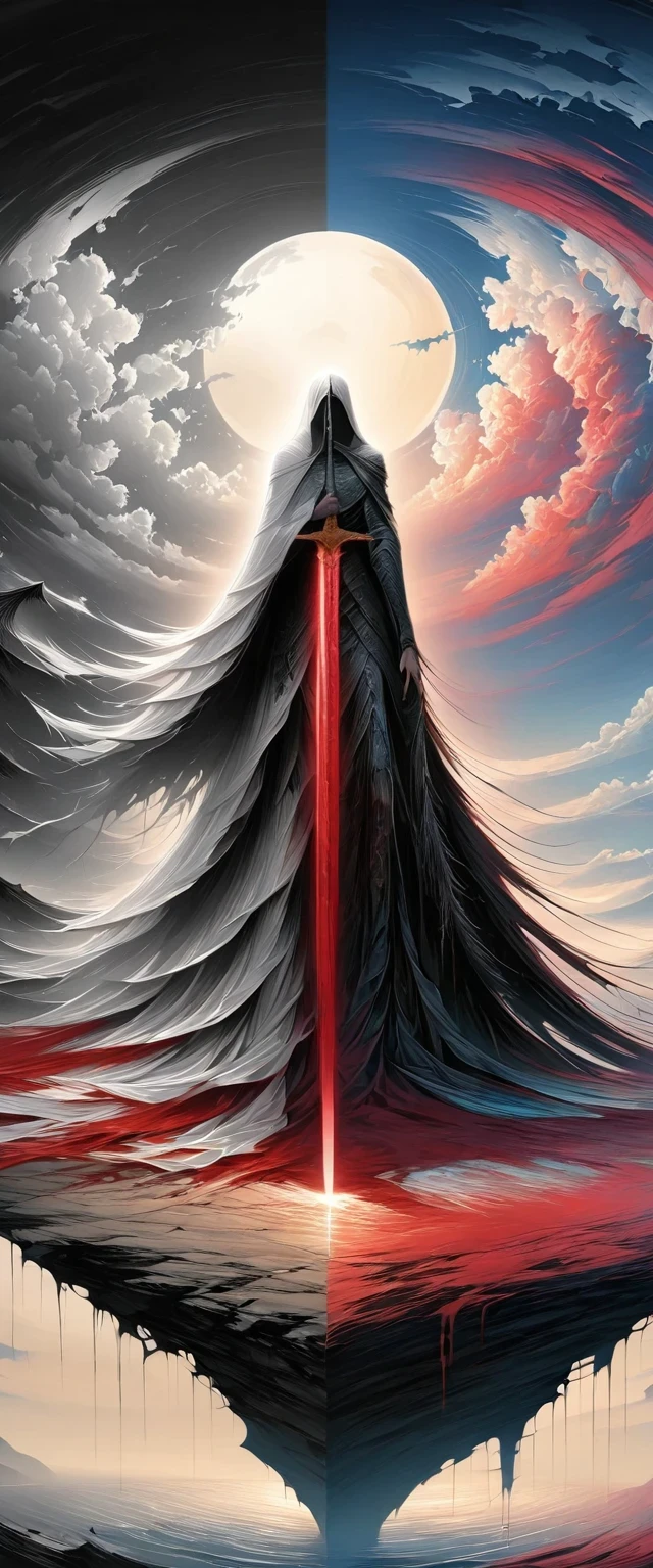 black、White、Blue and Red,(best quality, Super detailed, high resolution, Extremely detailed CG),Wide-angle lens,Dead angel standing on the edge of a cliff,She is beautiful,She likes blood and the ocean,Blood Rain, mystery,Fanatic, Wheels within wheels, Surreal,Beautifully,The artwork should transition from a pencil drawing style in black and white on the left half to vibrant colors on the right half, Ensure a seamless integration between the two halves without any dividing line, The scene is identical on both sides, with the left side featuring detailed black and white pencil strokes and the right side filled with colors, creating a harmonious blend across the image