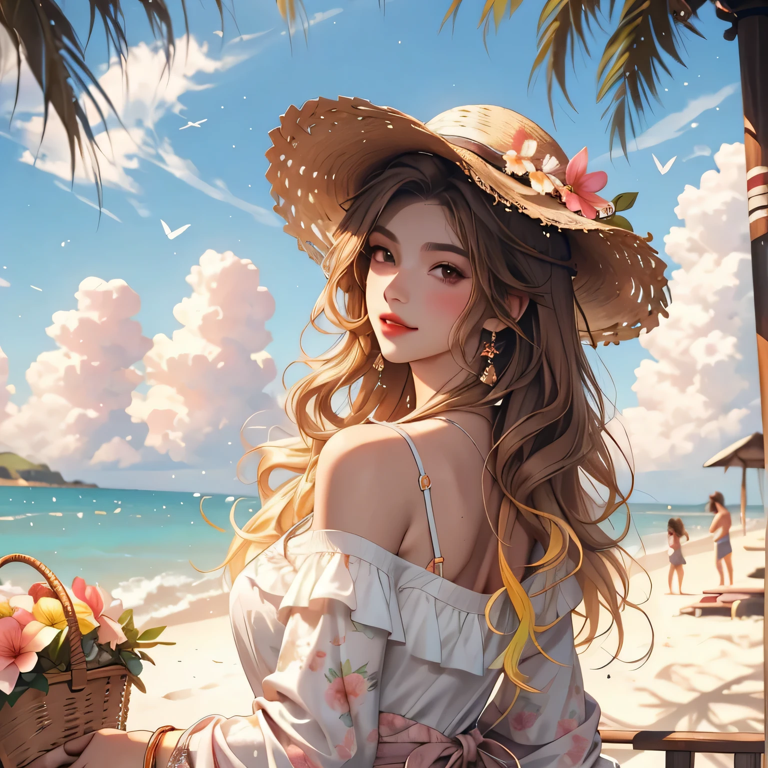 1girl, solo focus, long ombre hair color, curly hair, beach, farm, broad view, radiant sky, (extremely beautiful),summer outfit, flowery sandals,brown hair, sexy,glossy skin,oval face,fishing,tall, (slim body goals)