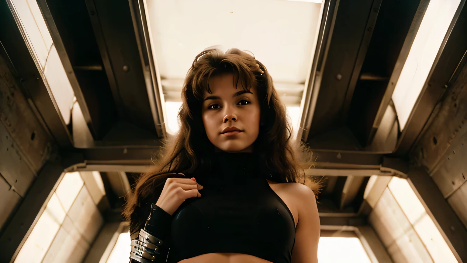 19 year old metal chick in 1986, spandex. Smirk. big moussed hair.