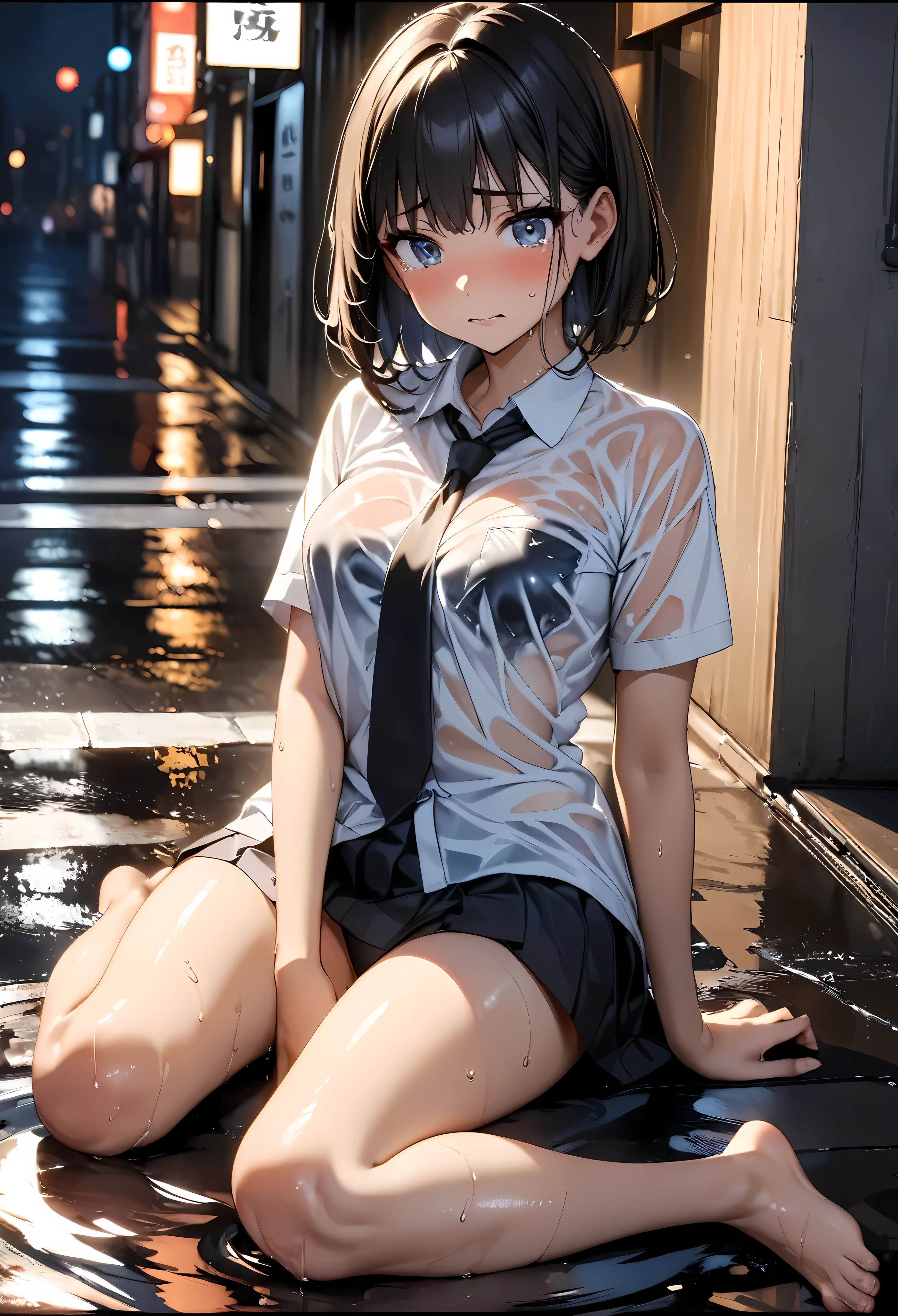 ((high quality, 8k, 4K, High Contrast, masterpiece:1.2, highest quality, Best aesthetics)),cowboy shot,1 female,((beautiful and cute woman,beautiful detailed face and eyes,big gorgeous eyes)),The perfect 25 years old, Japanese、Black Hair、Straight hair,short bob hair,bangs,Anxious expression、tears,oily skin, gleaming skin,(medium breasts,small face:1.4,slender body,skinny),((Wet with rain、Wet clothes)),white formal shirt、Short sleeve、Black tie、Pleated black mini skirt、Black panties、barefoot,Black sneakers、I stumbled and fell、Lying on a puddle,Heavy rain、on street,Tokyo,at night、(Textures and environments、Professional photos、Perfect lighting).