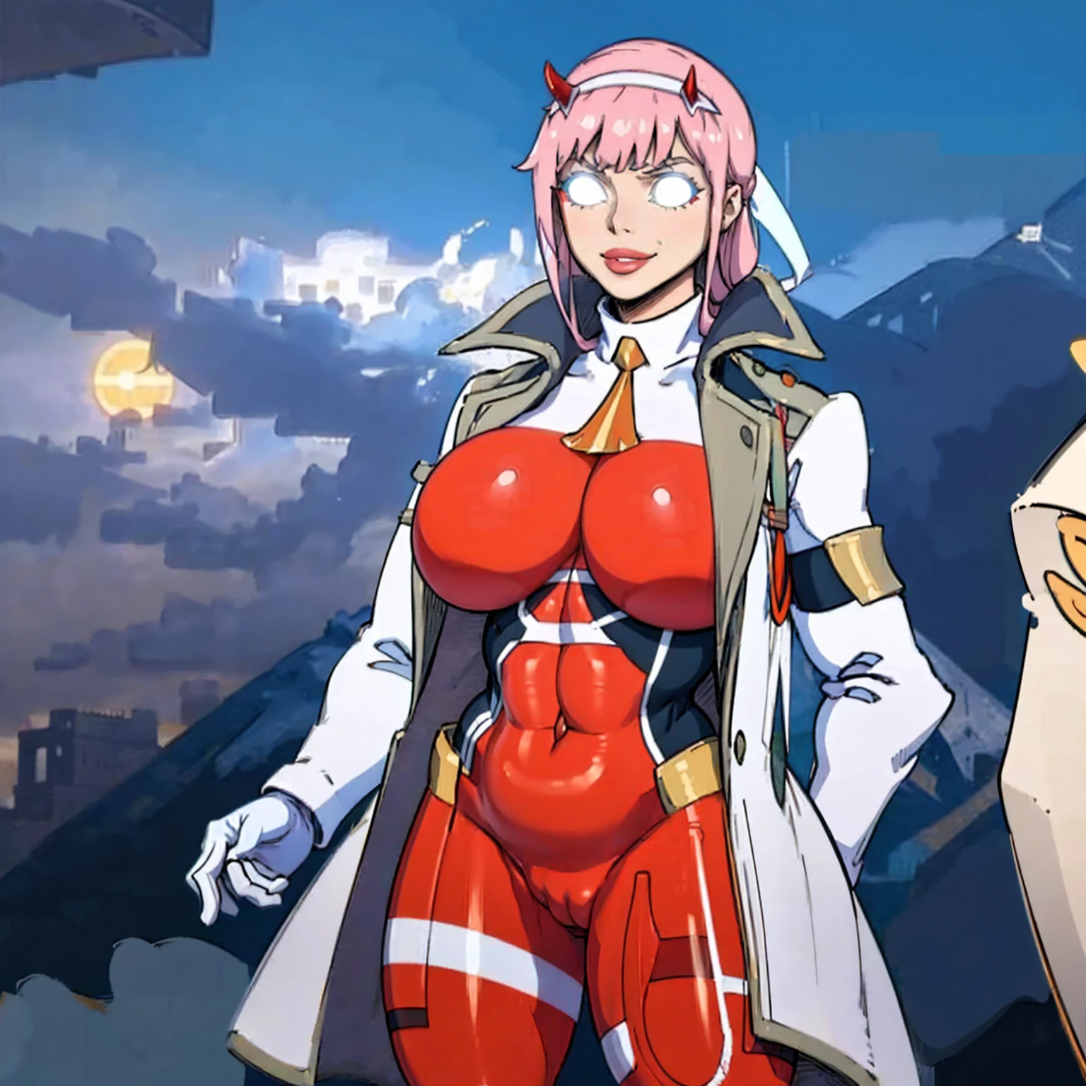 masterpiece, best quality, IncrsLowTier, electricity, glowing eyes zerotwo horns, hairband, necktie, red dress, pantyhose horns, hairband, red bodysuit, armlet, mecha horns, hairband, white bodysuit, white gloves, cap, red dress, white gloves, jacket on shoulders, pantyhose, cyber_armor body_suit,huge_breast, tall female, fulll body, sun light, smile,, sun aura,, boots, standing, smile, lips, red lips,,,{best quality}, {amazing quality} {best quality},{amazing quality},, {absurdres},{{highres}}, {very aesthetic}, {detailed}, curvy, tall, huge breast, character focus, white background,full-length portrait,, huge hips, huge muscles, huge thighs, curvaceous, venus figure,full body, full portrait