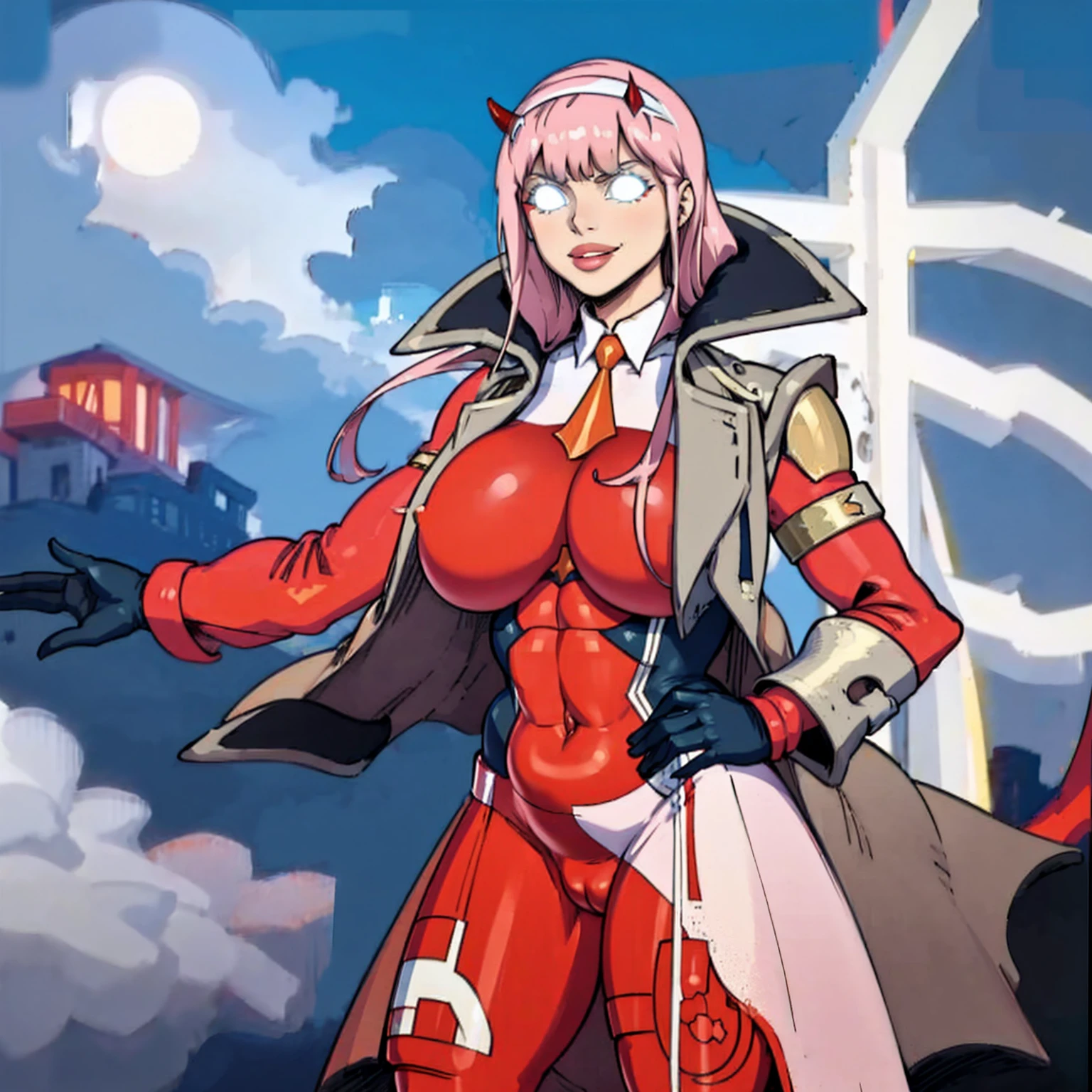 masterpiece, best quality, IncrsLowTier, electricity, glowing eyes zerotwo horns, hairband, necktie, red dress, pantyhose horns, hairband, red bodysuit, armlet, mecha horns, hairband, white bodysuit, white gloves, cap, red dress, white gloves, jacket on shoulders, pantyhose, cyber_armor body_suit,huge_breast, tall female, fulll body, sun light, smile,, sun aura,, boots, standing, smile, lips, red lips,,,{best quality}, {amazing quality} {best quality},{amazing quality},, {absurdres},{{highres}}, {very aesthetic}, {detailed}, curvy, tall, huge breast, character focus, white background,full-length portrait,, huge hips, huge muscles, huge thighs, curvaceous, venus figure,full body, full portrait