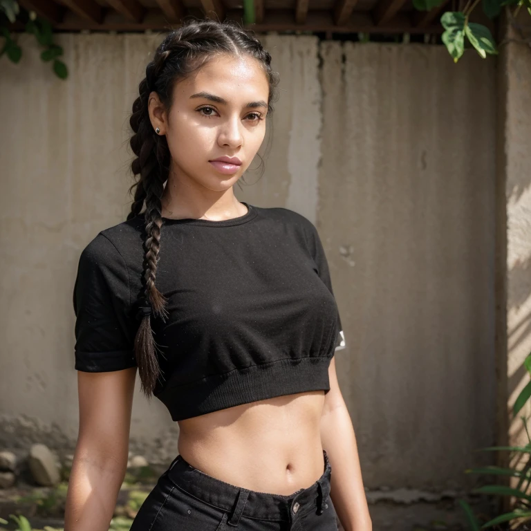 There's a woman with braids posing for a photo, jovem mulher negra, mulher jovem negra, adolescente negra, she is wearing a black blouse, com pele parda, pele negra!!!, foto de uma mulher negra, usando uma regata cropped preta,  negra, pele escura, tiradas no final dos anos 2000, long black braids