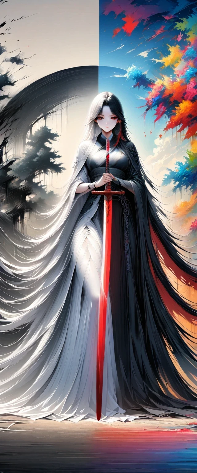 (masterpiece, best quality:1.2),  1 Girl, Solitary,Chinese swordsman，Abstract Art，Holding a red long sword，The artwork should transition from a pencil drawing style in black and white on the left half to vibrant colors on the right half, Ensure a seamless integration between the two halves without any dividing line, The scene is identical on both sides, with the left side featuring detailed black and white pencil strokes and the right side filled with colors, creating a harmonious blend across the image
