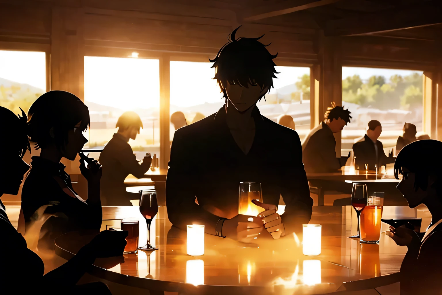 In anime style, Matepiece, More than one person, A large group of men and women drinking alcohol, ((silhouette:1.3)), Alumni Association, drinking party, Beautiful and perfect face, The best smile, Scenery of the tavern, Best Quality, masterpiece, 32k,