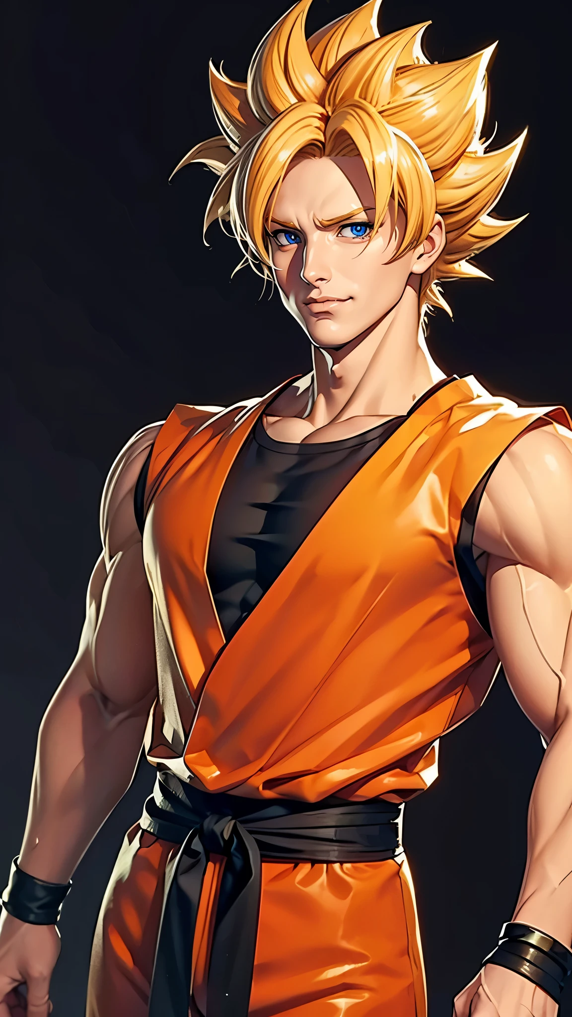 （（（完美figure，figure，solo， （（（super saiyan, muscular,  spiked hair, orange uniform,））），（（（son goku, blond hair, blue eyes,））），((masterpiece)),high resolution, ((Best quality at best))，masterpiece，quality，Best quality，（（（ Exquisite facial features，Looking at the audience,There is light in the eyes，(（（Smile））)，）））））），（（（Light and shadow，muscle））），（（（Looking at the camera，black background，White skin，Cold White Paper））