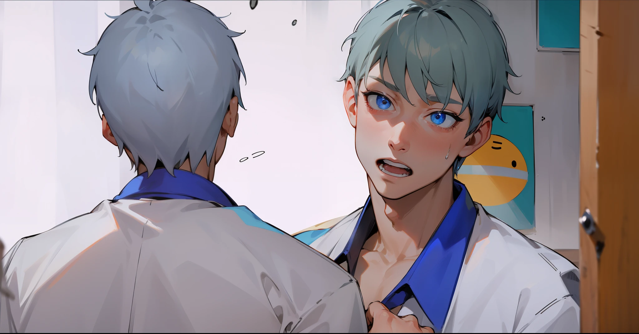 blue eyes he hits another boy's shoulder his shoulder hurts two young 19 year old men with gray hair trip when they walk