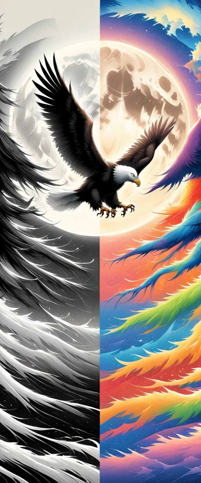 eagle, White background, moon, simple, Minimalism, Regular angle,The artwork should transition from a pencil drawing style in black and white on the left half to vibrant colors on the right half, Ensure a seamless integration between the two halves without any dividing line, The scene is identical on both sides, with the left side featuring detailed black and white pencil strokes and the right side filled with colors, creating a harmonious blend across the image