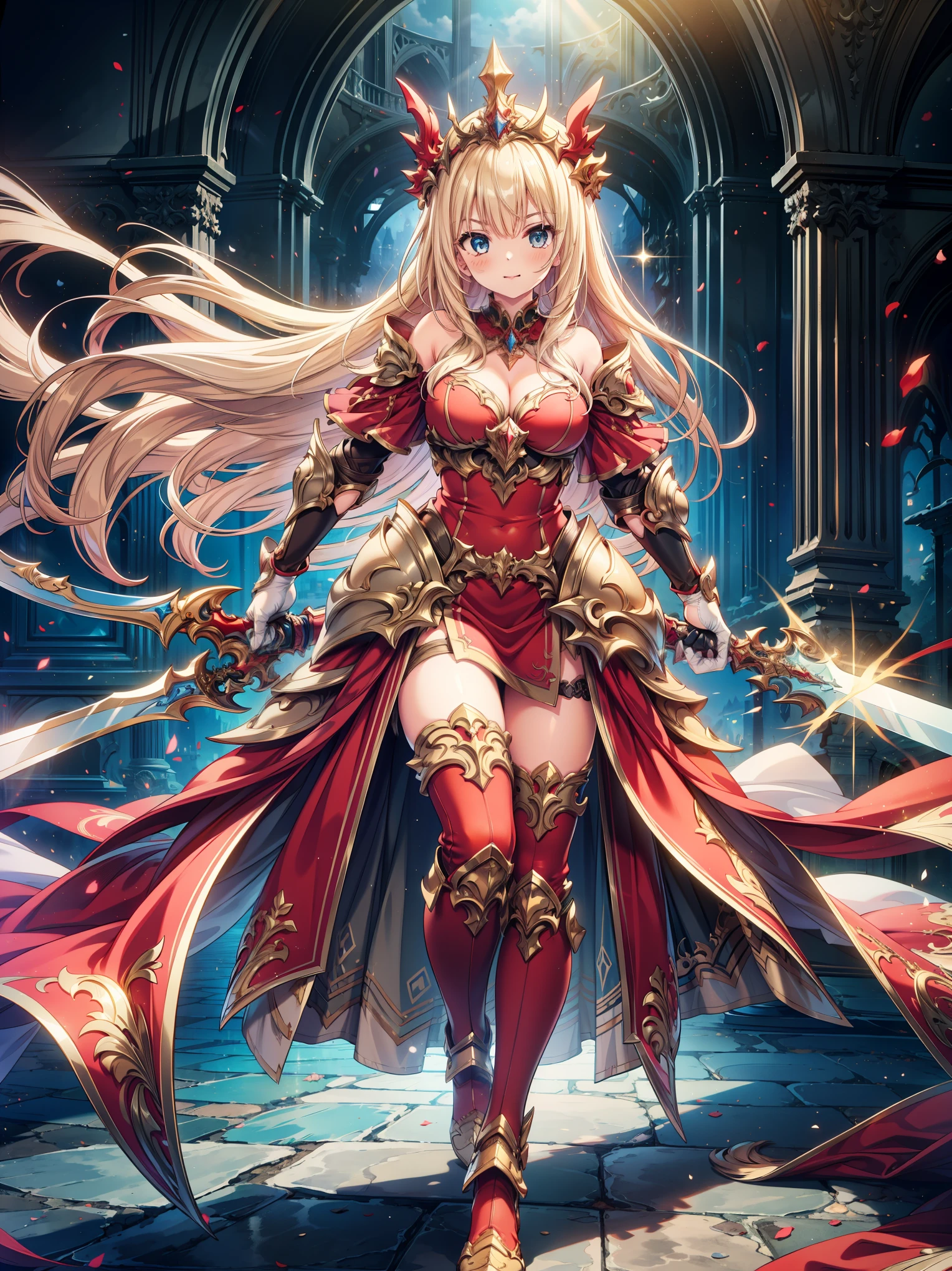 masterpiece, best quality, high resolution, extremely detailed CG, absurdres, full body, 1girl, a girl in armor and tiara holding a large sword, white armor, golden decoration, red_outfit, off-shoulder, thighhighs, long hair, blond hair, leg armor, cleavage, tiara, gloves, armor, white gloves,  off-shoulder armor, >:), Standing posing