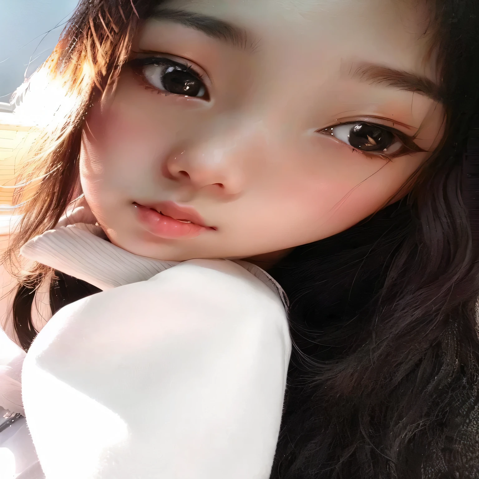 A woman poses for a photo in a car, Ulzan, With cute and doting eyes, Small nose, WAN cute Korean face, Young and cute Korean face, Cute and natural anime face, Korean Girl, white skin and reflective eyes, Cute round slanted eyes, Cute big eyes, Sakimichan, Pointed face and gray eyes