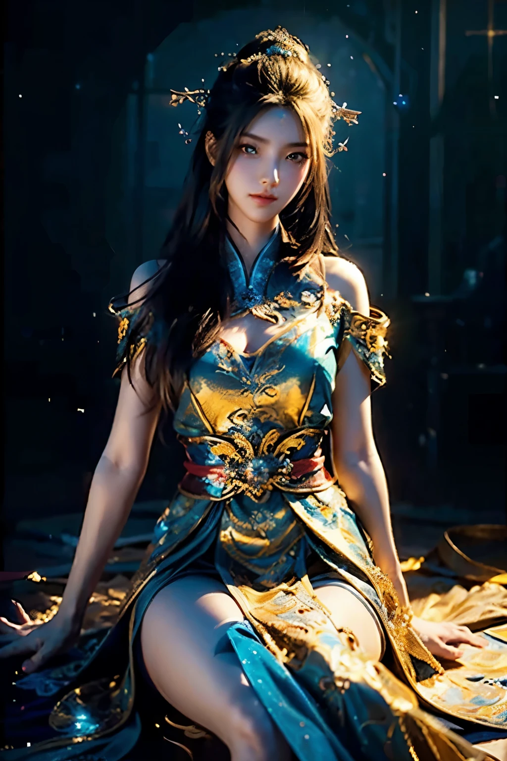 (64k, masterpiece:1.21), (best quality:1.21), (an extremely delicate and beautiful), ((Hasselblad photography)), (realistic, photo-realistic:1.3),(UHD), high res,HDR, cinematic lighting, highly detailed, highly detailed background, woman, long hair, sunlight, gigantic breasts, iridescent dress, glowing stars, A digital illustration, glowing lotus, defraction spikes, chromatic aberration, bloom AND (glowing, holofoil:0.9), a beautiful fantasy empress, guweiz, ruan jia and artgerm, beautiful fantasy maiden, japanese goddess, 